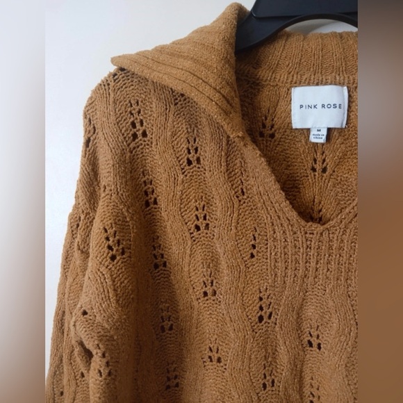 Pink Rose Camel Brown Open Knit Collared Cropped Sweater - Size M - Picture 4 of 10